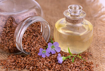 Flax seed oil. Omega-3 source, natural antioxidant. Healthy nutrition concept.