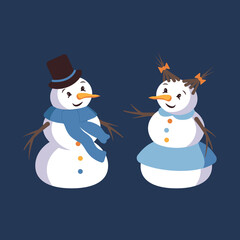 Happy snowman and snow woman with face, hat, carrot and scarf. Merry holiday decorations for New Year and Christmas. Winter and festive element