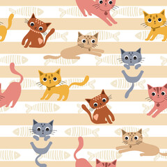 Cute playful pastel colored cats in different poses . Seamless patterns with simple cartoon element isolated in background. For printing baby textiles, fabrics. Hand draw.