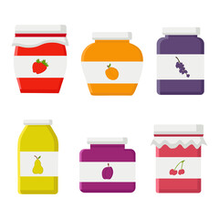 A set of jars with jam from various fruits on a white background for use in clipart, menu or web design