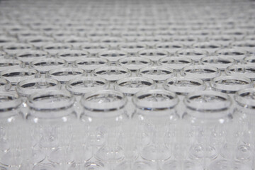 Empty glass vials in rows used for vaccine production and packaging