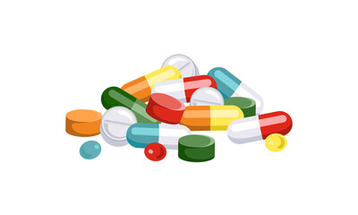 Heap of pills and capsules isolated on a white background. Vector illustration of medical drugs in cartoon flat style. - obrazy, fototapety, plakaty