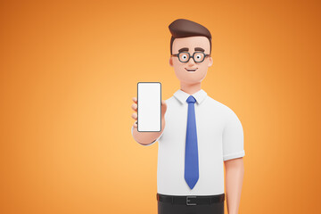 Cartoon businessman in glasses white shirt and blue tie showing smartphone with white blank mock up screen over yellow background.