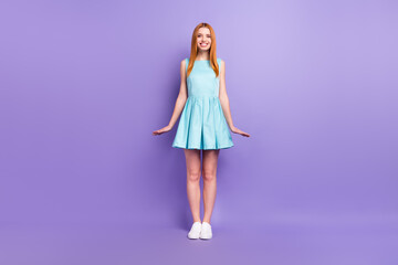 Full body photo of attractive young happy lady good mood wear glamour dress isolated on purple...