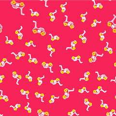 Line Lawn mower icon isolated seamless pattern on red background. Lawn mower cutting grass. Vector