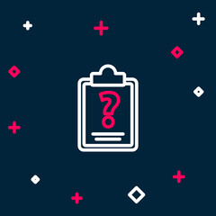 Line Clipboard with question marks icon isolated on blue background. Survey, quiz, investigation, customer support questions concepts. Colorful outline concept. Vector