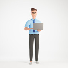 Confident cartoon businessman character work laptop stand isolated over white background.