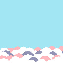 Fototapeta premium Empty blue background with abstract fluffy white and pink clouds in pastel color. Background for website, advertising poster, banner and other design ideas. Vector drawing.