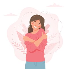 Self love concept, woman hugging herself, vector illustration in flat style - obrazy, fototapety, plakaty