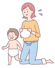 オムツ替えをする女性