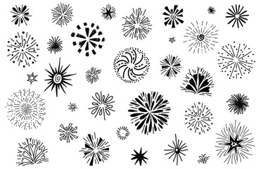 Hand drawn cute sketch doodle vector line burst and fireworks icon element set. Isolated on white background	
