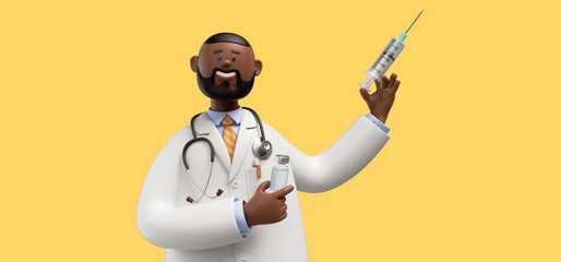 3d render. Happy doctor with vaccine against coronavirus, african cartoon character holds syringe. Vaccination and immunization, medical healthcare concept. Clip art isolated on yellow background