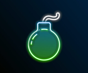 Glowing neon line Bomb ready to explode icon isolated on black background. Colorful outline concept. Vector
