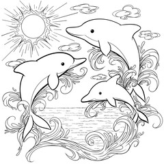 illustration of dolphins for adult and children antistress coloring book page