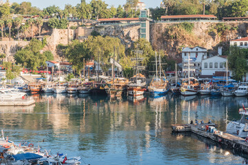 Fototapeta na wymiar ANTALYA - August 25: Antalya Harbour at Dusk on August 25, 2015 in Antalya, Turkey.
