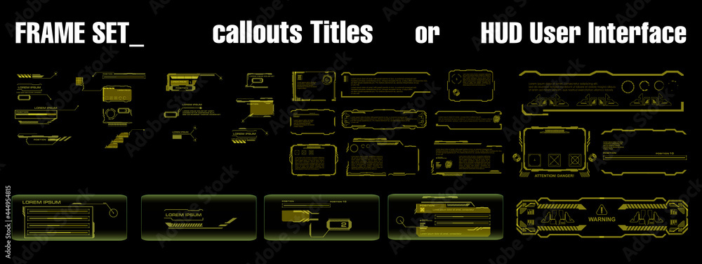 Poster set futuristic hud style callouts and titles. futuristic user interface elements. headings, technica