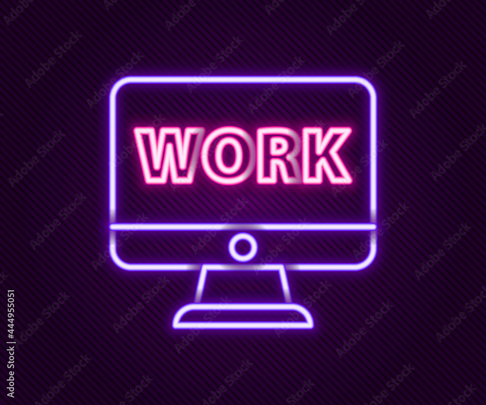 Poster glowing neon line computer monitor with text work icon isolated on black background. colorful outlin