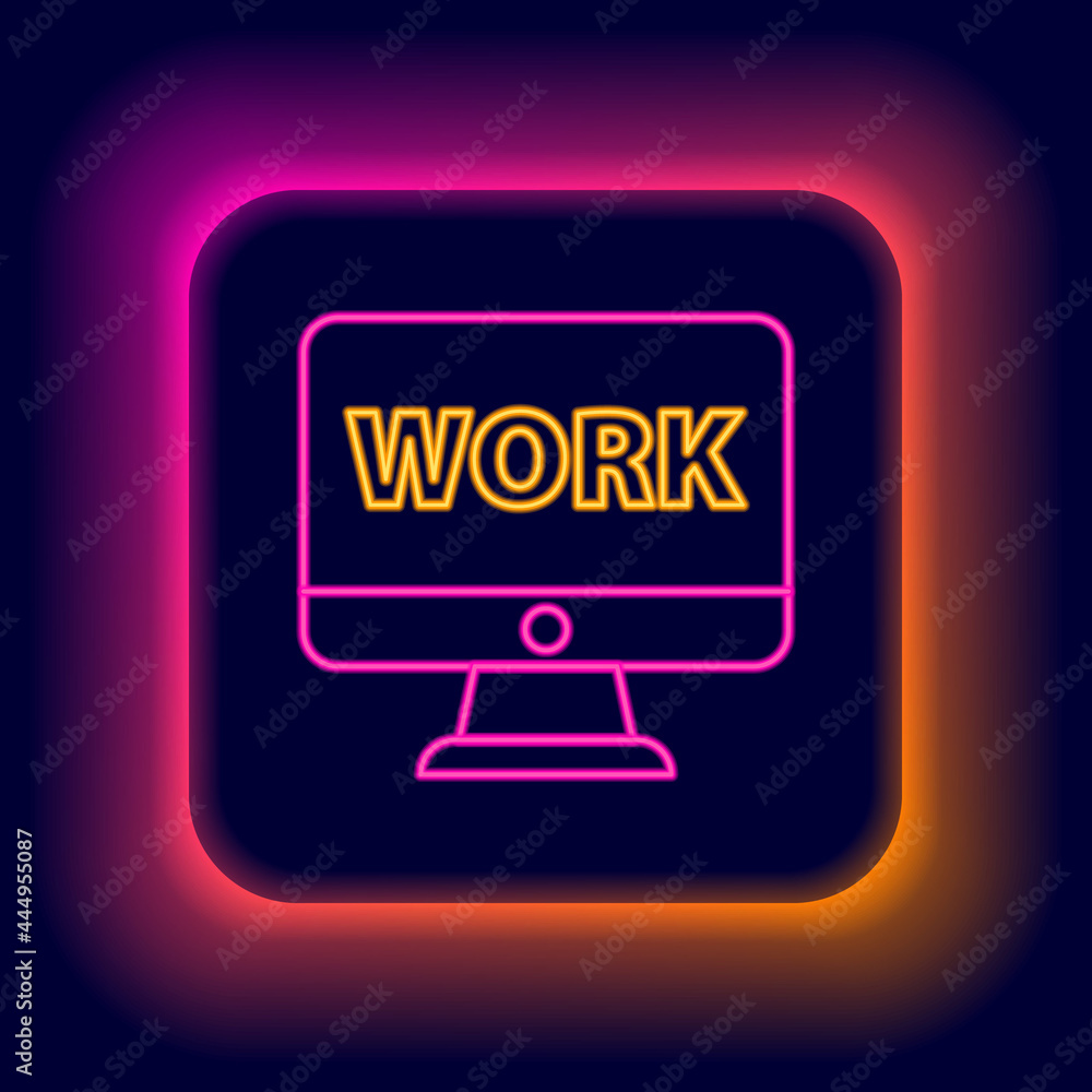 Poster glowing neon line computer monitor with text work icon isolated on black background. colorful outlin