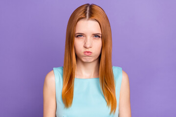 Photo of unhappy upset young woman make grimace face problem offended isolated on purple color...