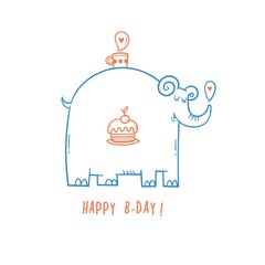 Birthday card  with cute cartoon elephant. Vector doodle poster. Funny animal print. Сake and gift.