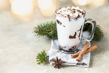 Hot chocolate or cocoa drink with marshmallow. Winter holiday composition with cinnamon sticks, anise and garland.