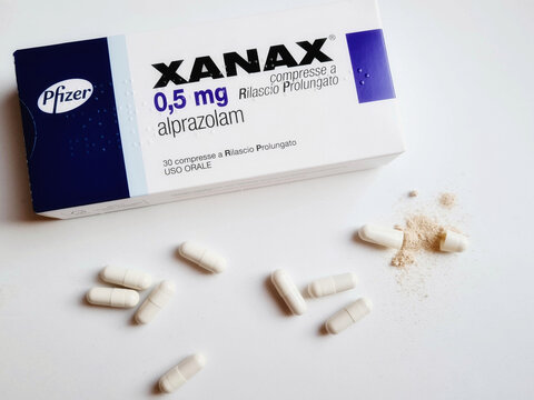 PESCARA, ITALY - Jun 15, 2021: Top view of a pack of Xanax capsules on a white surface
