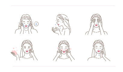 Beauty girl take care of her face and use cleansing skin products. Woman making skincare procedures. Facial cleaning concept. Flat line vector illustration and icons set.