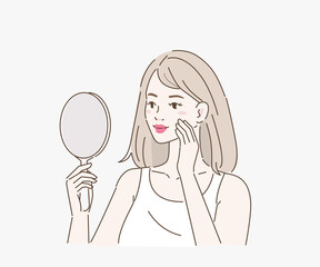 Beauty young girl looking at her mirror reflection and touching her face. Woman applying cosmetic on face skin. Skin care and hygiene concept. Flat cartoon vector illustration.