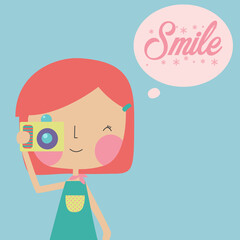 Cute little girl take a picture with camera cartoon vector illustration on blue background