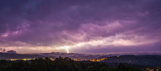 Thunderstorm above the city lightning strike