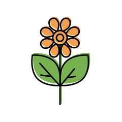 Simple color flower icon with petals, stem and leaves. Seedlings, Summer flower, chamomile. Gardening, floriculture, agriculture. Logo for banners, websites.  Vector illustration, white background