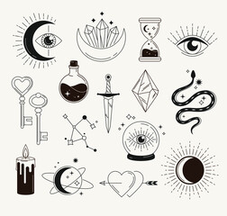 Esoteric, mystical, astrological, witchcraft, magic objects, icons, elements and symbols