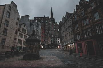 The  historic buildings in the city of edinburgh, shot taken at twilight, looking like a ghost town