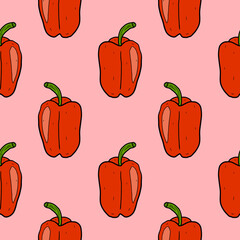 Fototapeta premium Cartoon doodle linear pepper seamless pattern. Vegetables background in hand drawn childlike style.