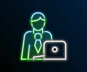 Glowing neon line Businessman icon isolated on black background. Business avatar symbol user profile icon. Male user sign. Colorful outline concept. Vector