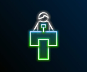 Glowing neon line Stage stand or debate podium rostrum icon isolated on black background. Conference speech tribune. Colorful outline concept. Vector