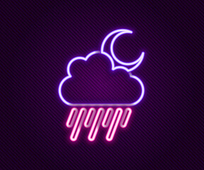 Glowing neon line Cloud with rain and moon icon isolated on black background. Rain cloud precipitation with rain drops. Colorful outline concept. Vector