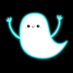 Fototapeta premium Flying ghost spirit with hands. Scary white glowing ghosts. Neon blue effect. Happy Halloween. Cute cartoon spooky character. Smiling face. Greeting card. Black background. Flat design.