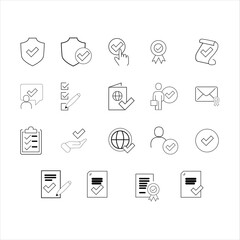Simple set of approve related vector line icons. Contains icons such as Security Warranty, Accepted Document, Quality Assurance, and more. You can edit strokes. 48x48 pixels perfectly.