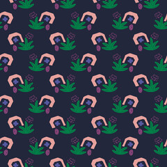 Abstract Memphis style, doodle seamless pattern with plus, geo shapes, bush or floral element. Childlike style. Cut paper.