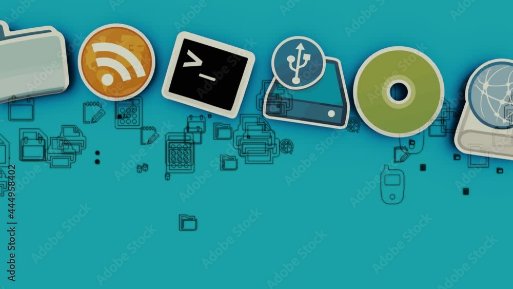 Wall mural 2d animation, many web icons or computer symbols with scroll effect on blue background