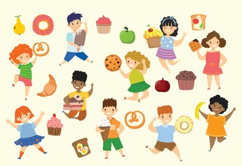 Cartoon funny friends fast food - coockie, waffle, donut, pretzel, croissant, ice cream