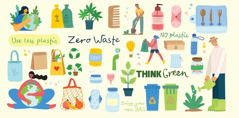 Hand drawn elements of zero waste life in vector. Eco style. No plastic. Go green
