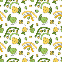 Kids bright funny doodle style green and yellow pattern with strawberry fruits and rainbows, strawberry rainbow lettering for textile design home decoration vector illustration