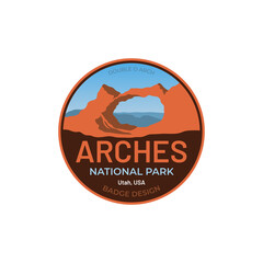 Badge design arches national park patch classic logo illustration outdoor mountain