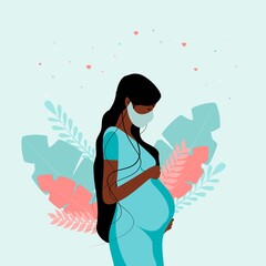 Beautiful pregnant african american woman in green dress and mask. Motherhood.  New born. Young dark skinned mother. Modern flat style vector illustration isolated. Pregnancy  with plants