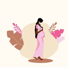 Beautiful pregnant black woman in pink dress with plants and mask. Motherhood. New born. Young mother. Modern flat style vector illustration isolated.