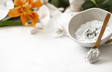 Spa composition with powder face mask and flower copy space.