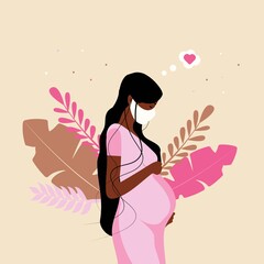 Beautiful pregnant black woman in pink dress and mask.  Pregnancy  with plants. New born. Young dark skinned mother. Modern flat style vector illustration isolated.  Motherhood. 