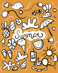 Summer doodles, sun, ice cream, balloon, star fish, pine apple, heart shape, lemon.